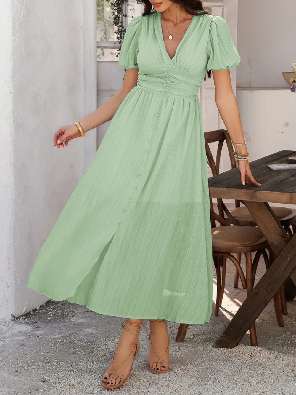 V-Neck Puff Short Sleeve Midi Dress, image 2