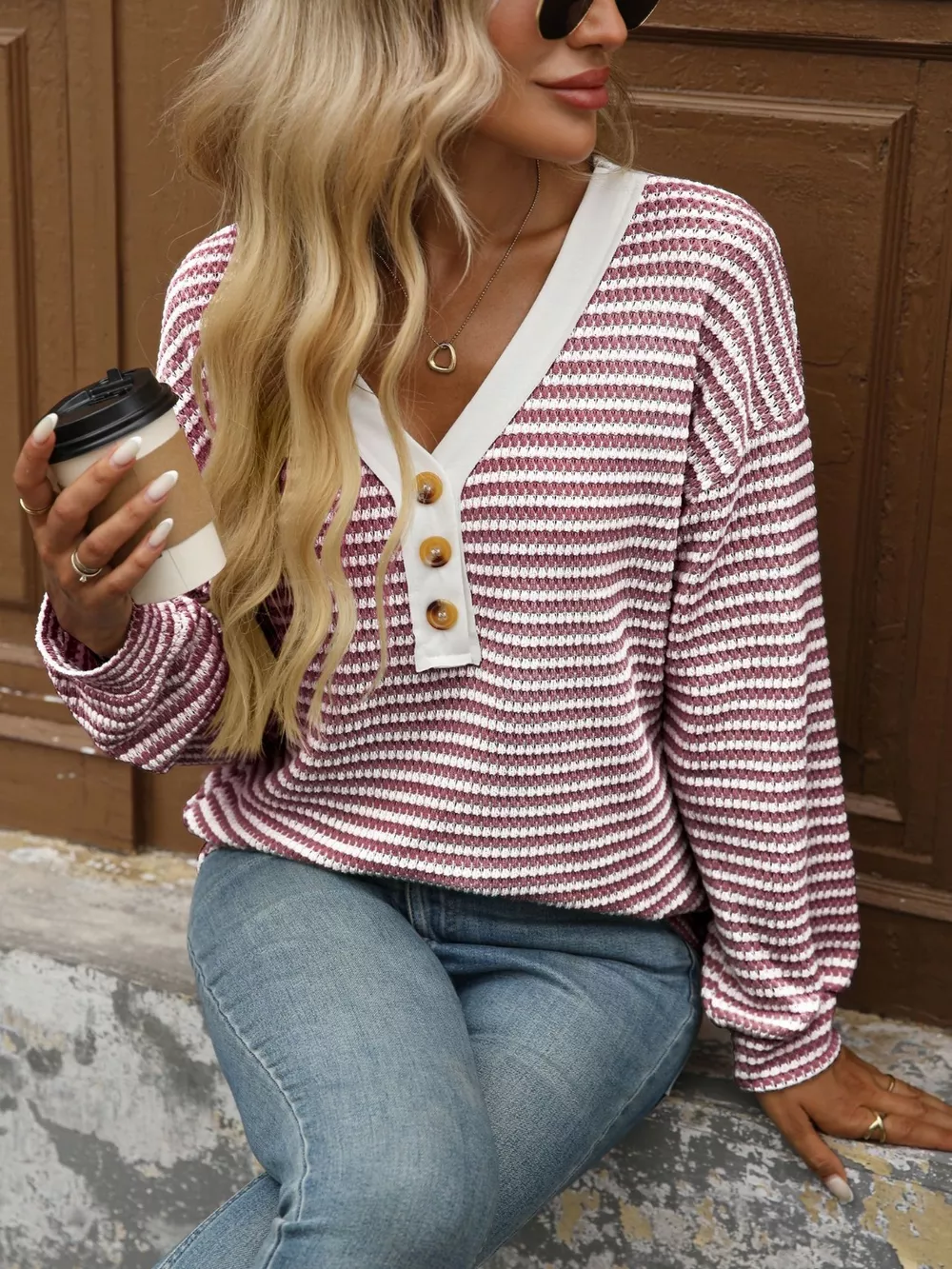 Striped Button Detail Long Sleeve T-Shirt, image 12