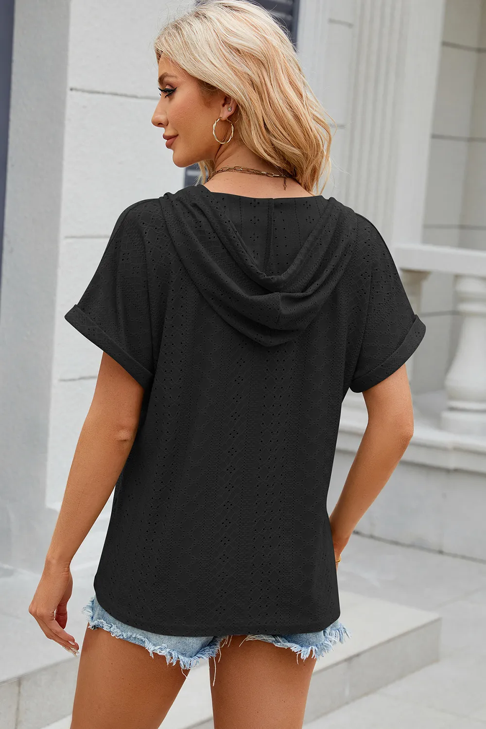 Eyelet Drawstring Hooded Short Sleeve Blouse, image 24
