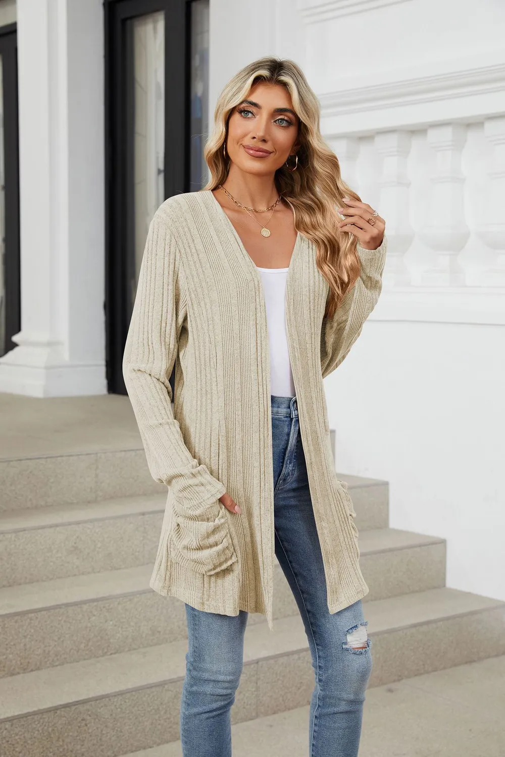 Pocketed Open Front Long Sleeve Cardigan, image 35