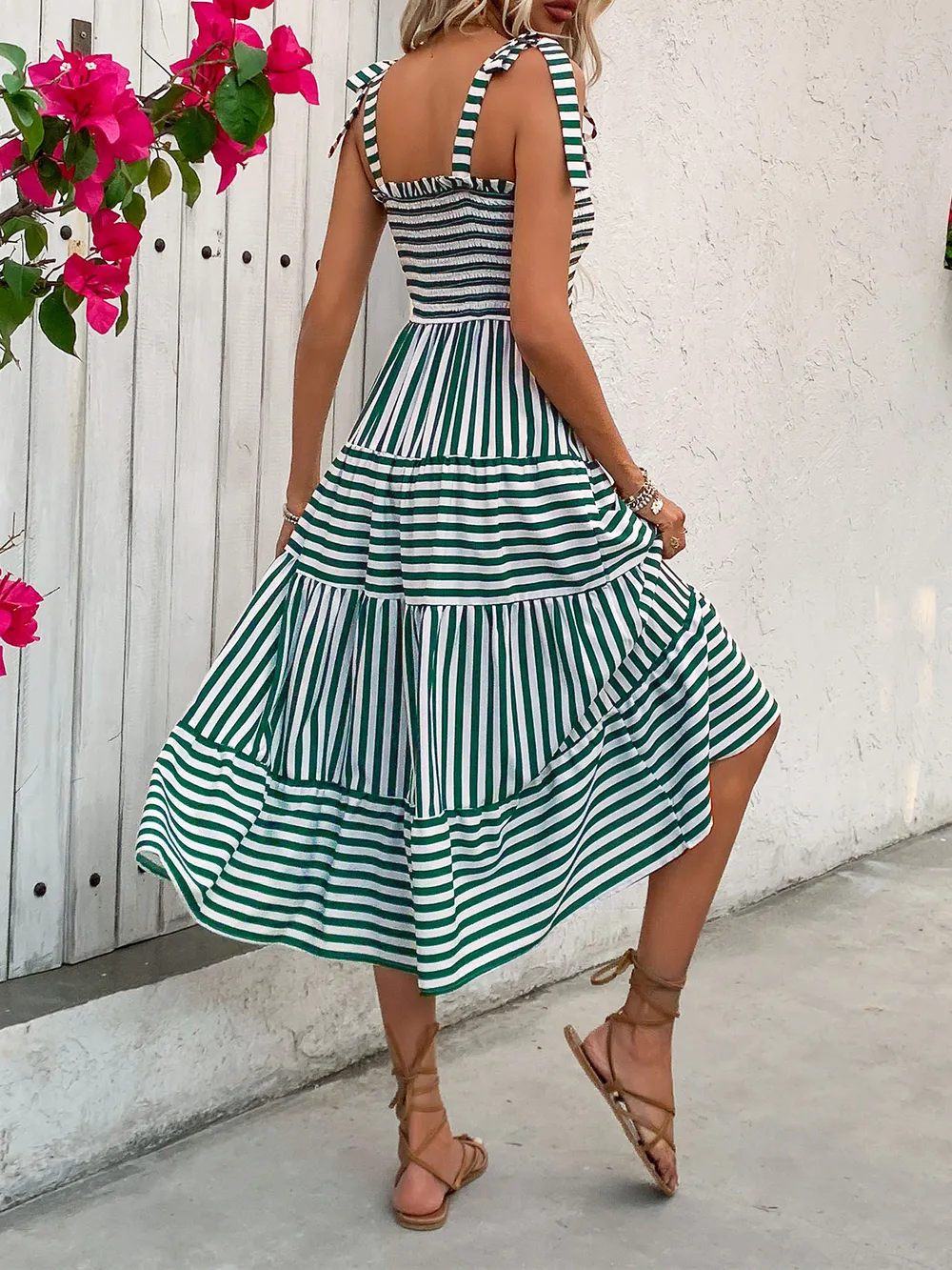 Smocked Striped Square Neck Midi Dress, image 3