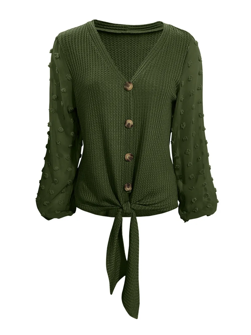 Tied Swiss Dot V-Neck Long Sleeve Blouse, image 2