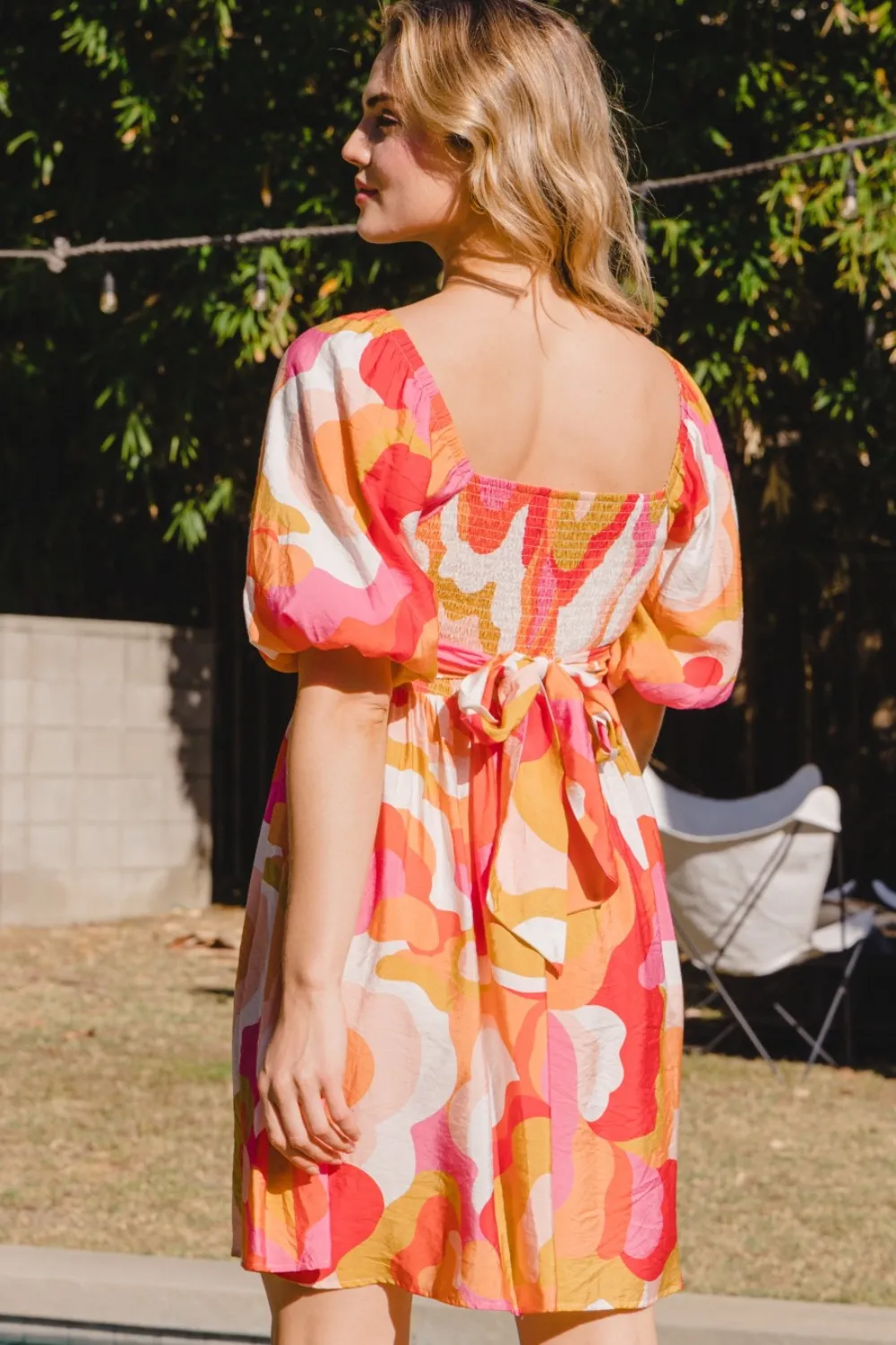 Full Size Printed Tied Back Short Sleeve Mini Dress, image 7