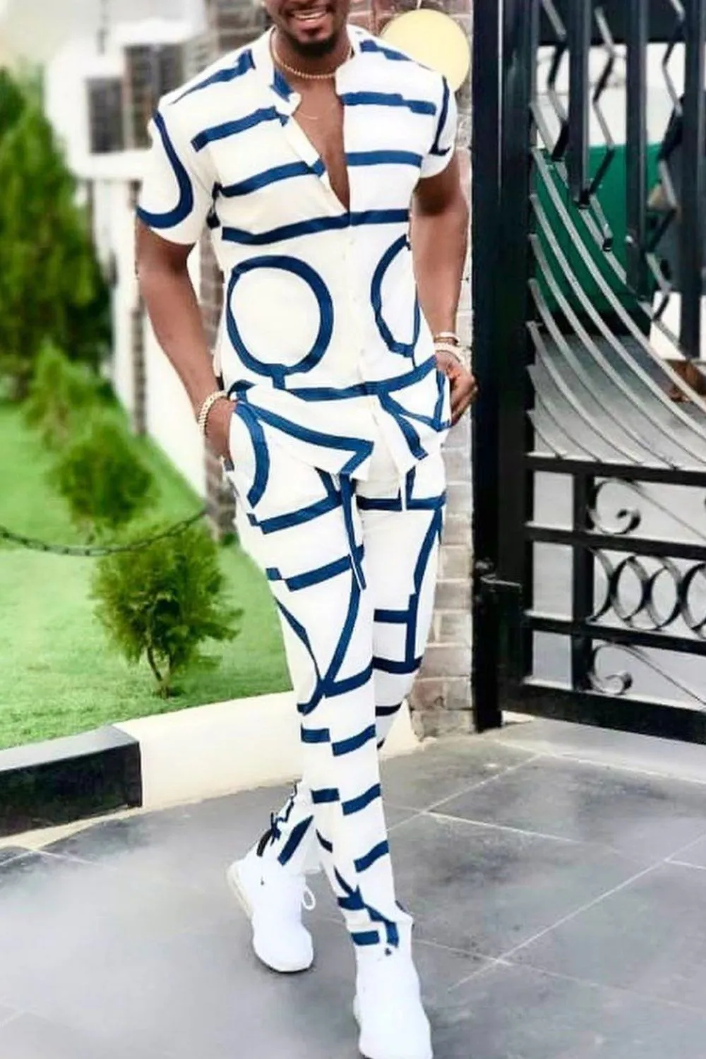 Men's Full Size Geo Print Short Sleeve Top and Pants Set Plus Size, image 2