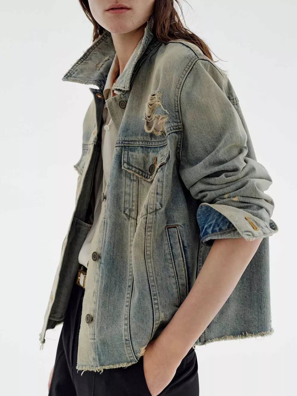 Distressed Wash Button Up Denim Jacket, image 3