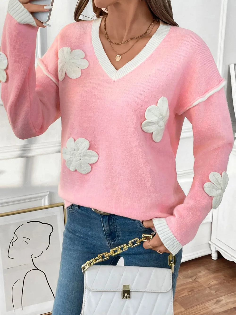 Flower V-Neck Long Sleeve Sweater, image 3