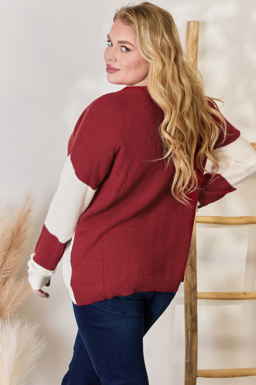 Full Size Color Block Dropped Shoulder Knit Top, image 10