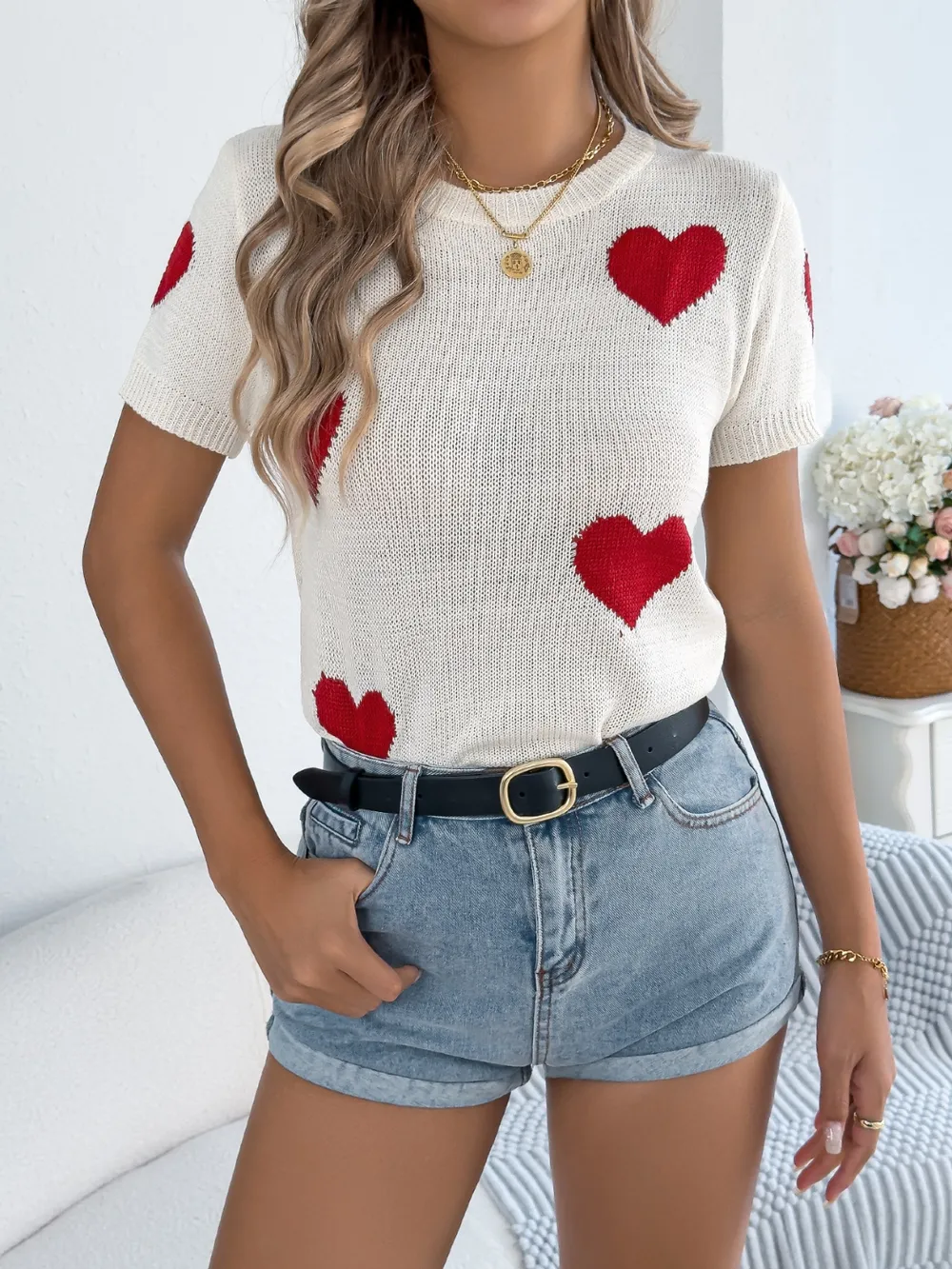 Heart Round Neck Short Sleeve Knit Top, image 2