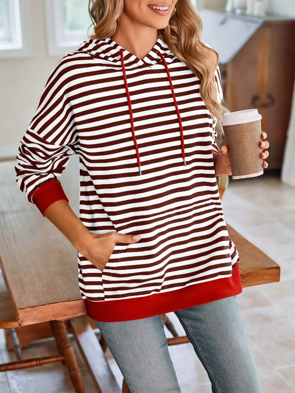 Drawstring Striped Long Sleeve Hoodie, image 24