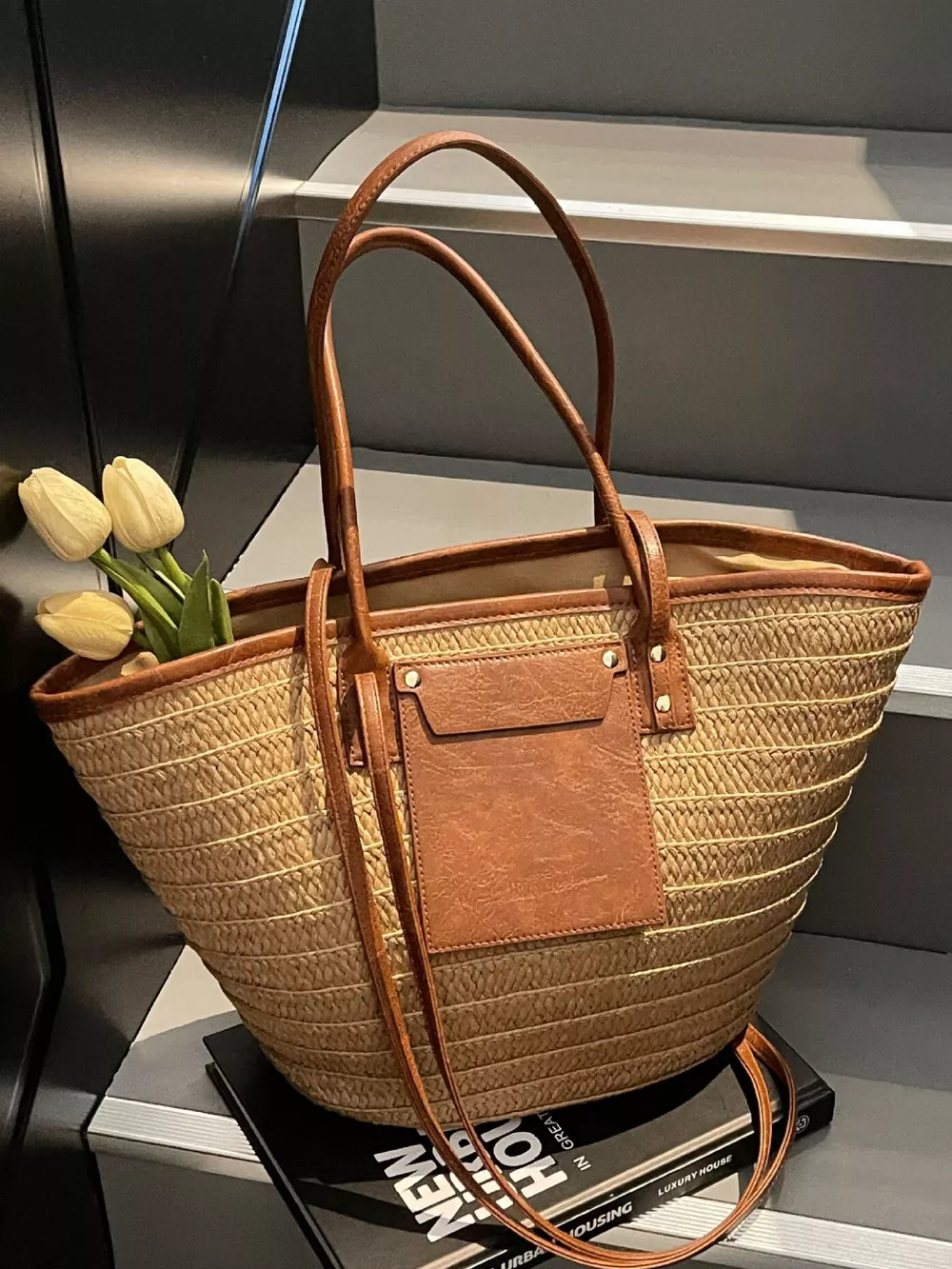 Straw Woven Shoulder Bag with Leather Accents, image 6