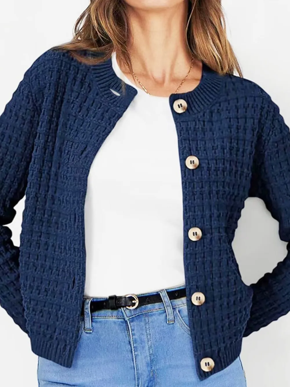 Button Up Round Neck Long Sleeve Cardigan, image 5