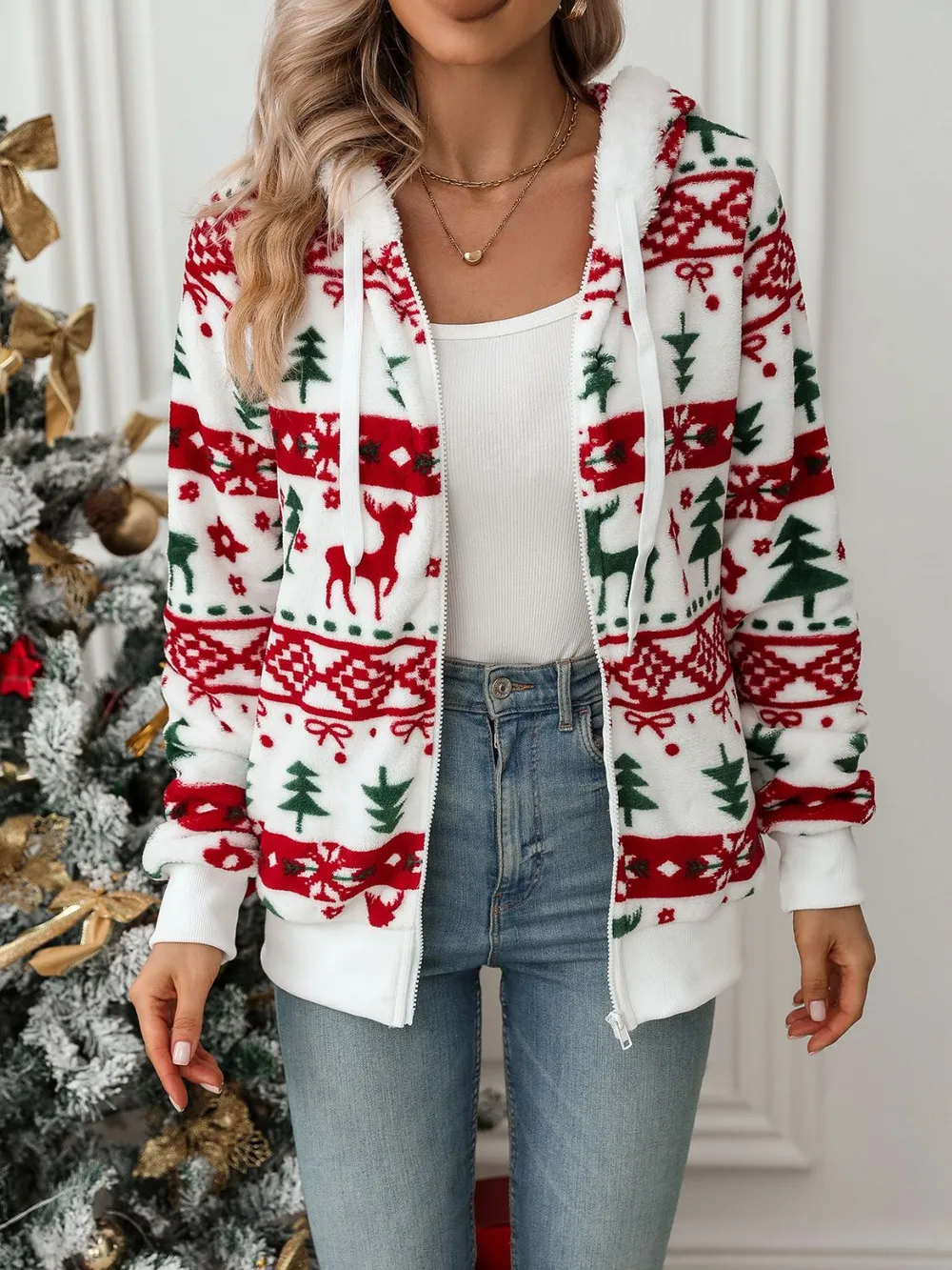 Drawstring Christmas Element Zip Up Hooded Jacket, image 2