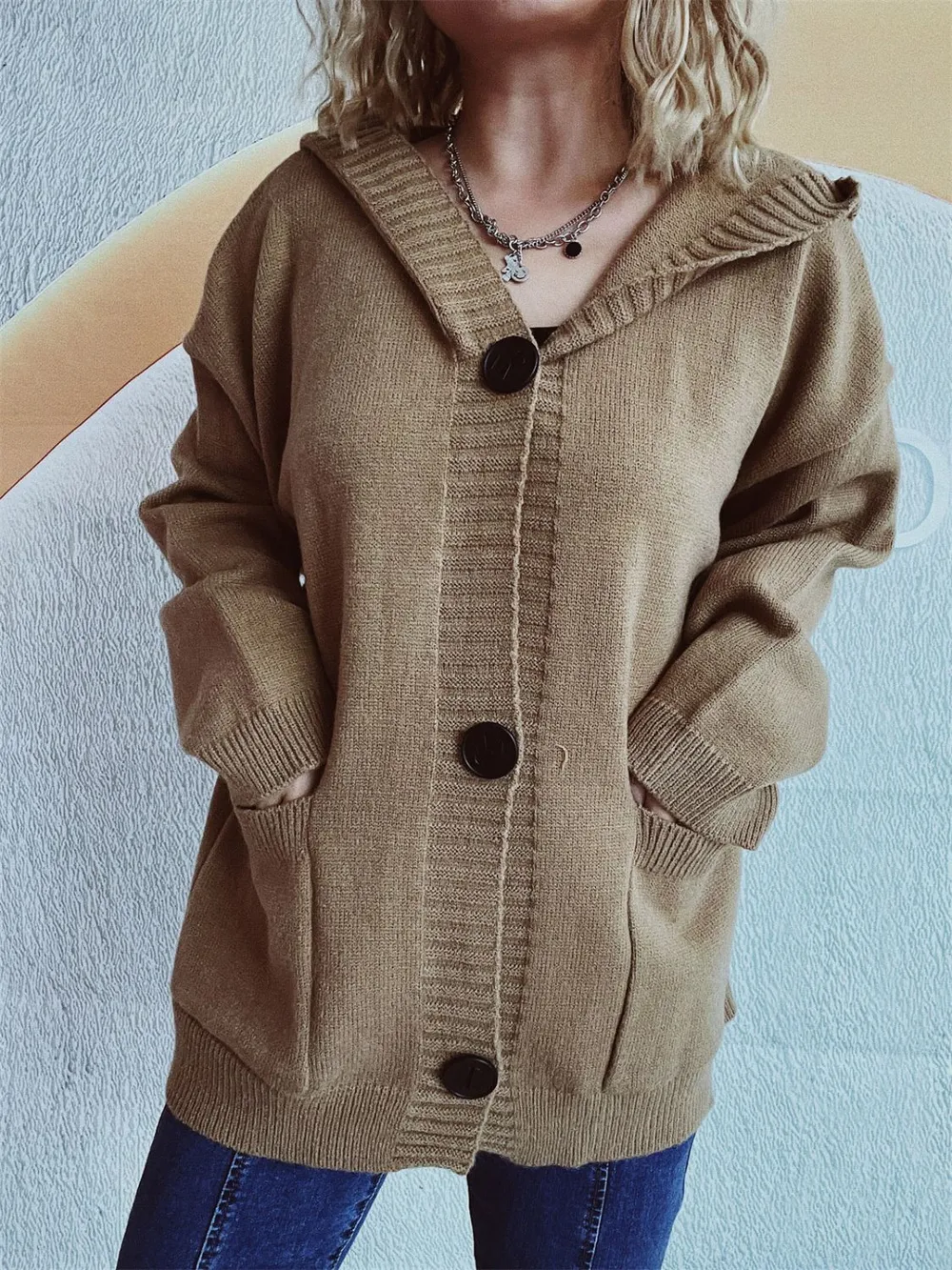 Dropped Shoulder Long Sleeve Hooded Cardigan, image 14
