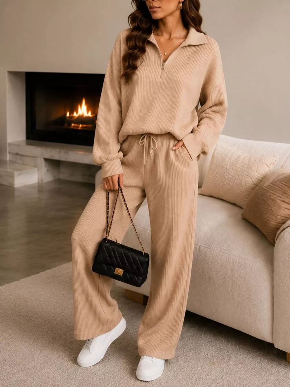 Ribbed Knit Quarter-Zip Top and Wide-Leg Pants Set, image 15
