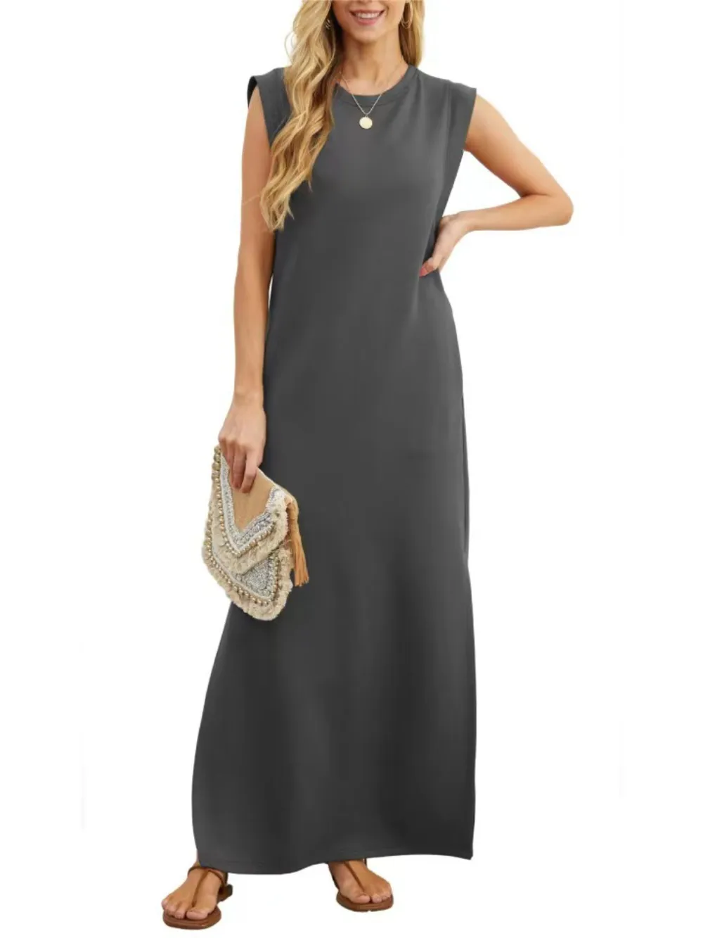 Full Size Slit Round Neck Sleeveless Maxi Tank Dress Plus Size, image 2