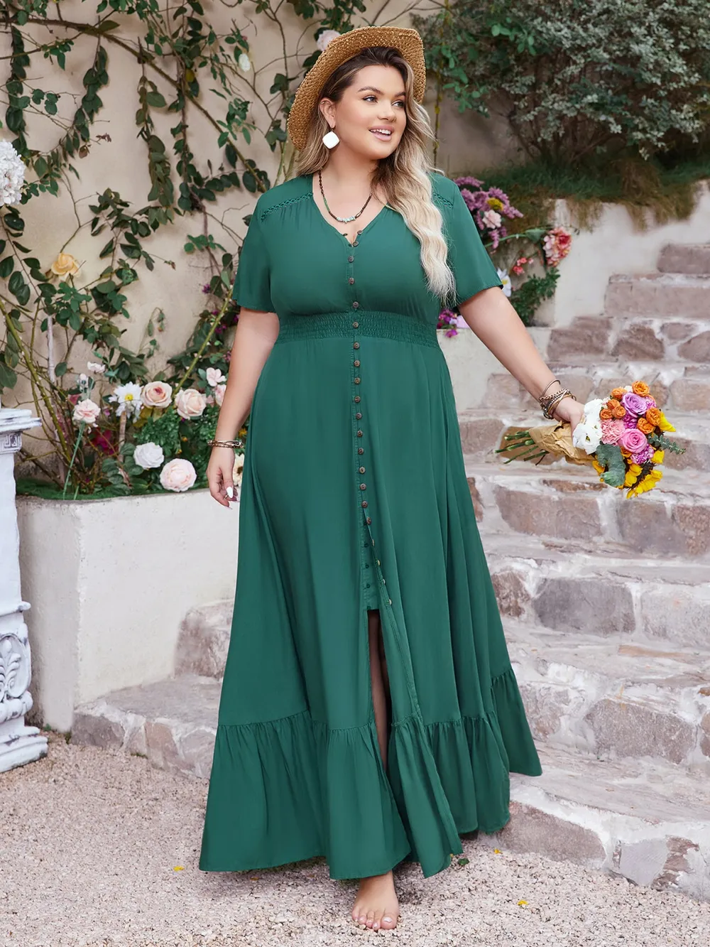 Plus Size Button Detail V-Neck Short Sleeve Maxi Dress, image 2