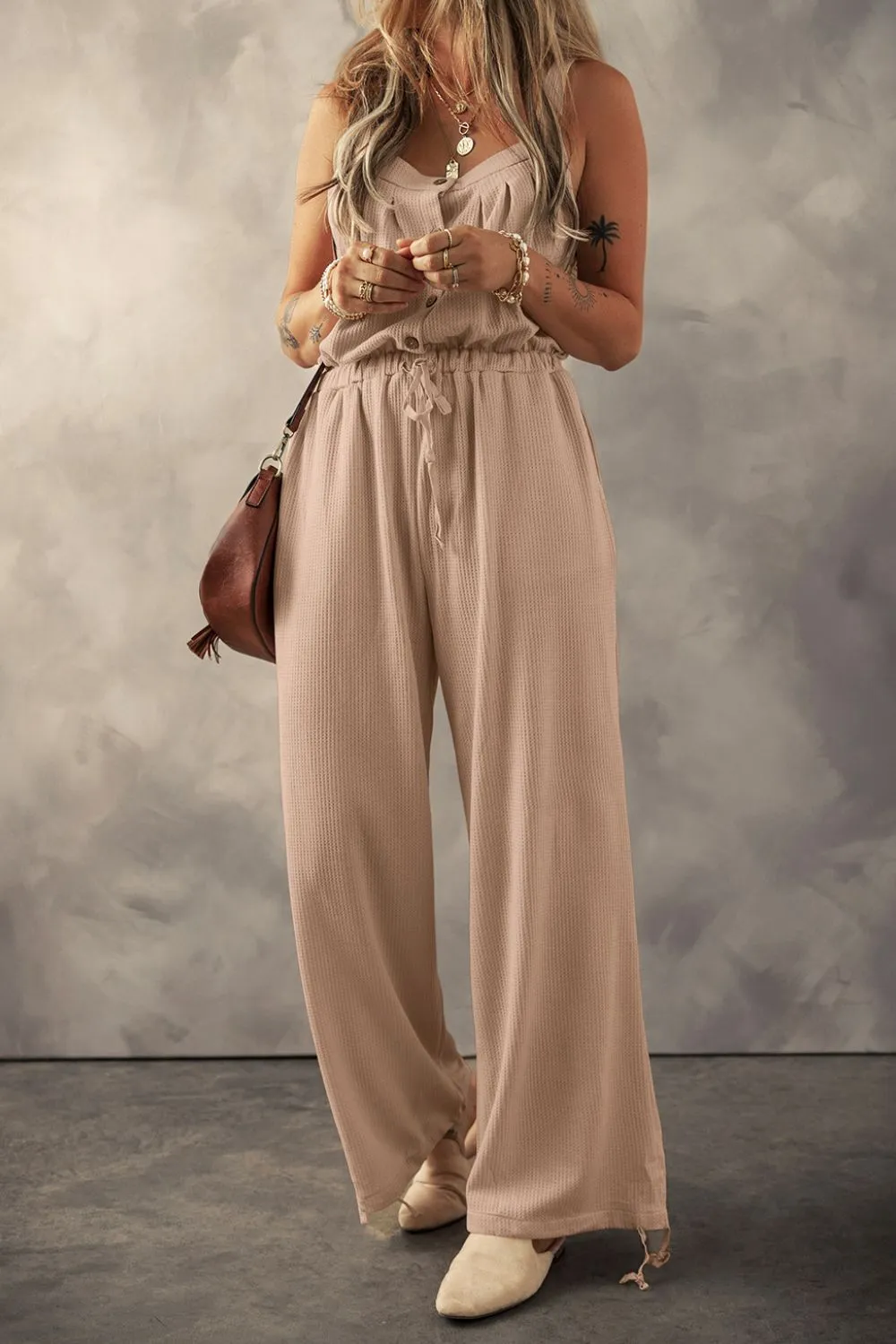 Knotted Straps Button Textured Drawstring Jumpsuit, image 3
