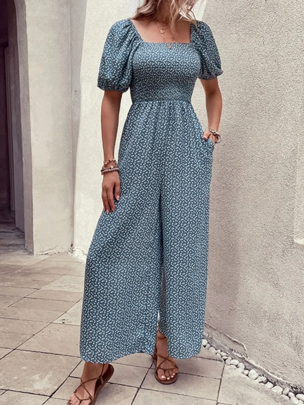 Printed Square Neck Puff Sleeve Jumpsuit, image 3