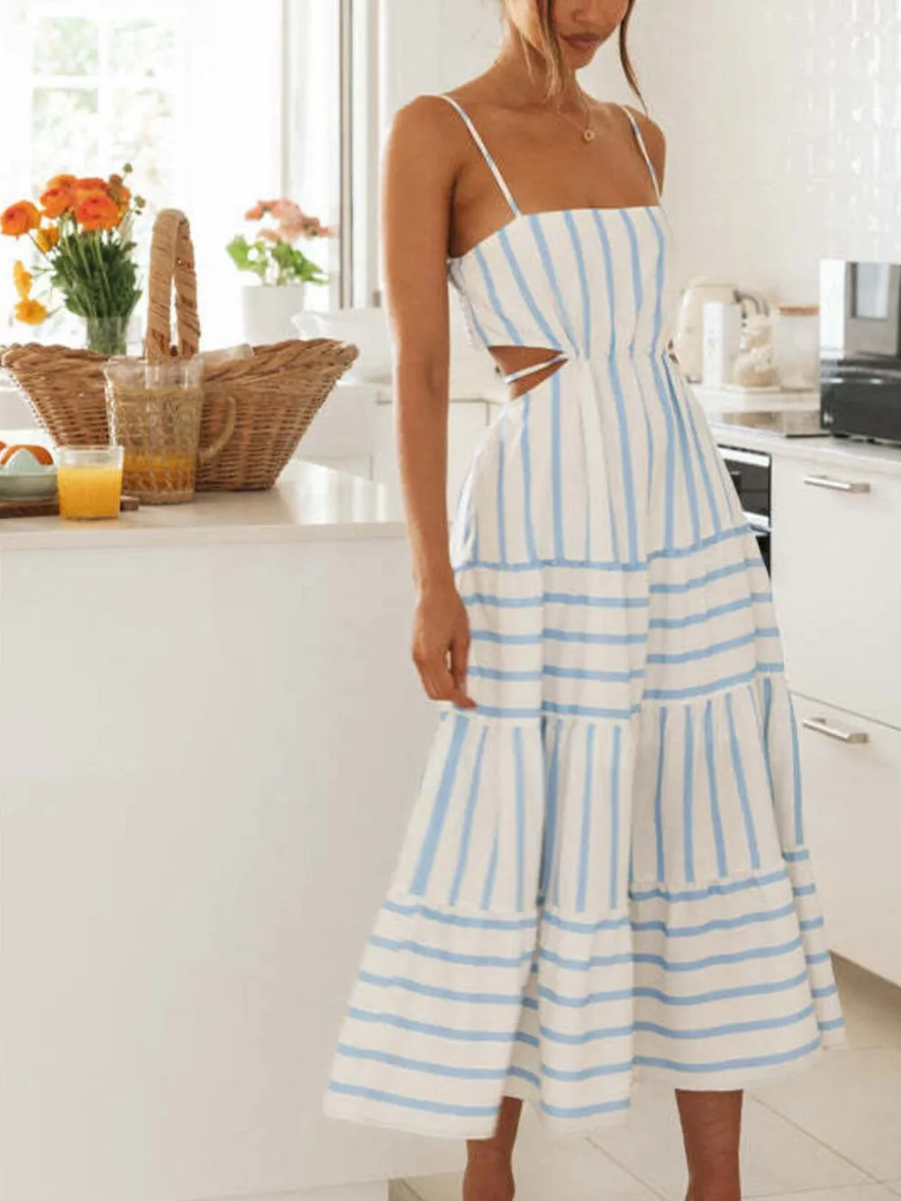 Cutout Striped Tiered Summer Midi Dress, image 2