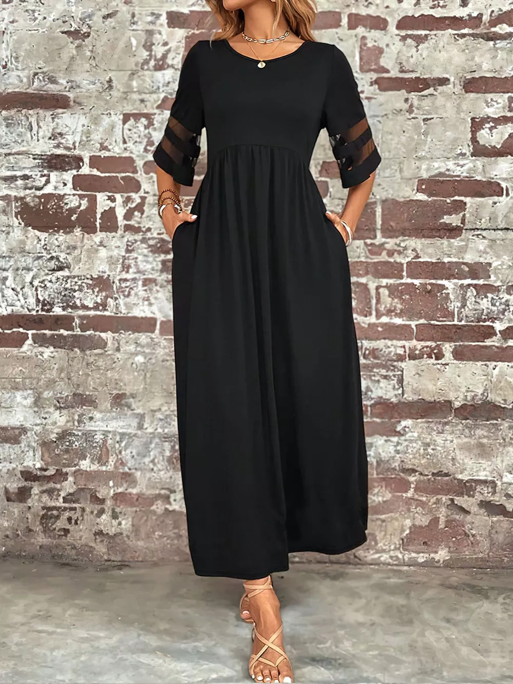 Plus Size Mesh Sleeve Round Neck Dress with Pockets, image 2