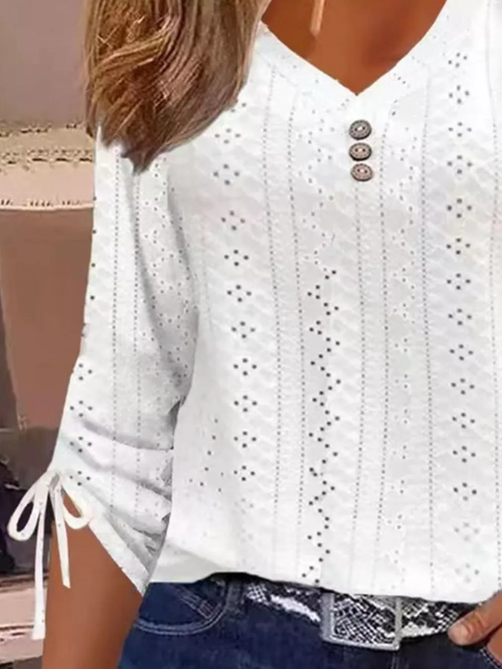 Full Size V-Neck Eyelet Drawstring Sleeve Top Plus Size, image 2