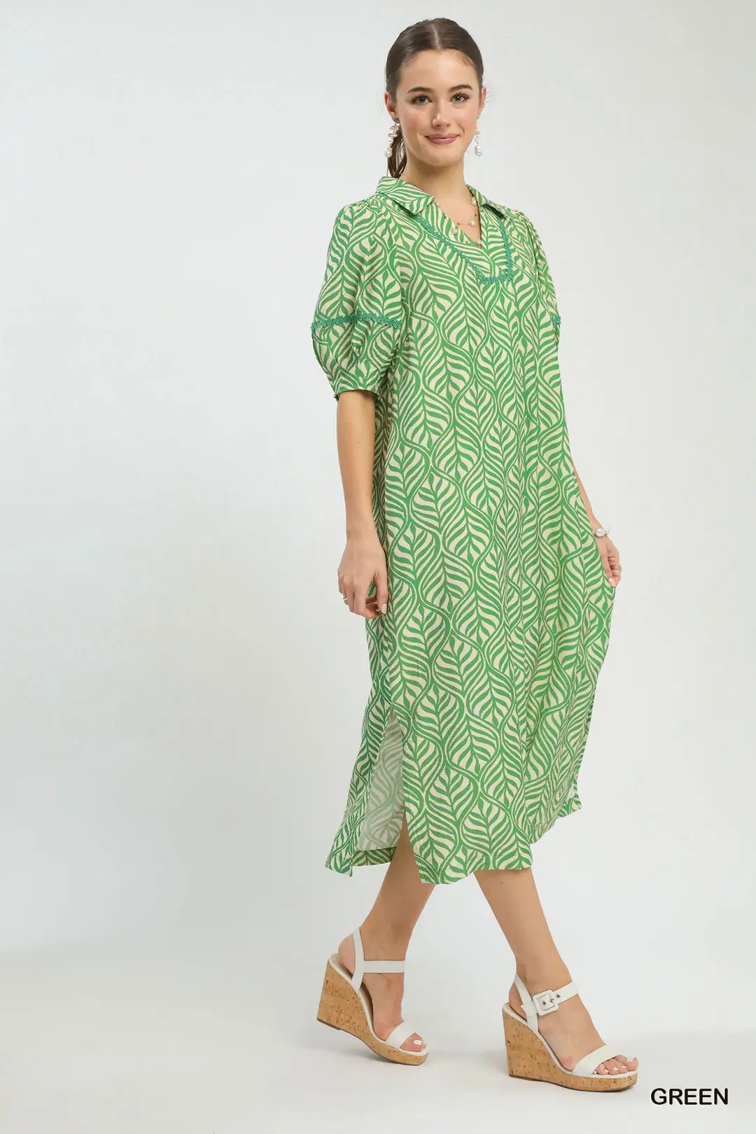 Printed Puff Sleeve Midi Dress with Pockets, image 2