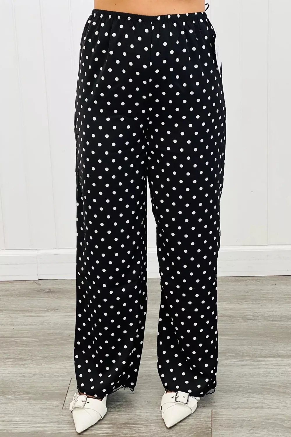 Polka Dot Print Elastic Waist Lace Hem Loose Pants, image 4