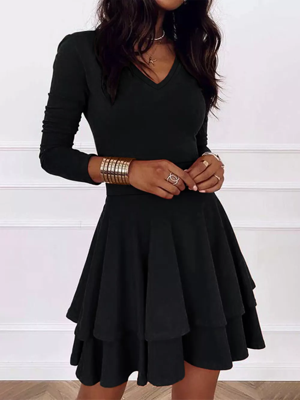 V-Neck Layered Ruffle Mini Dress, image 3