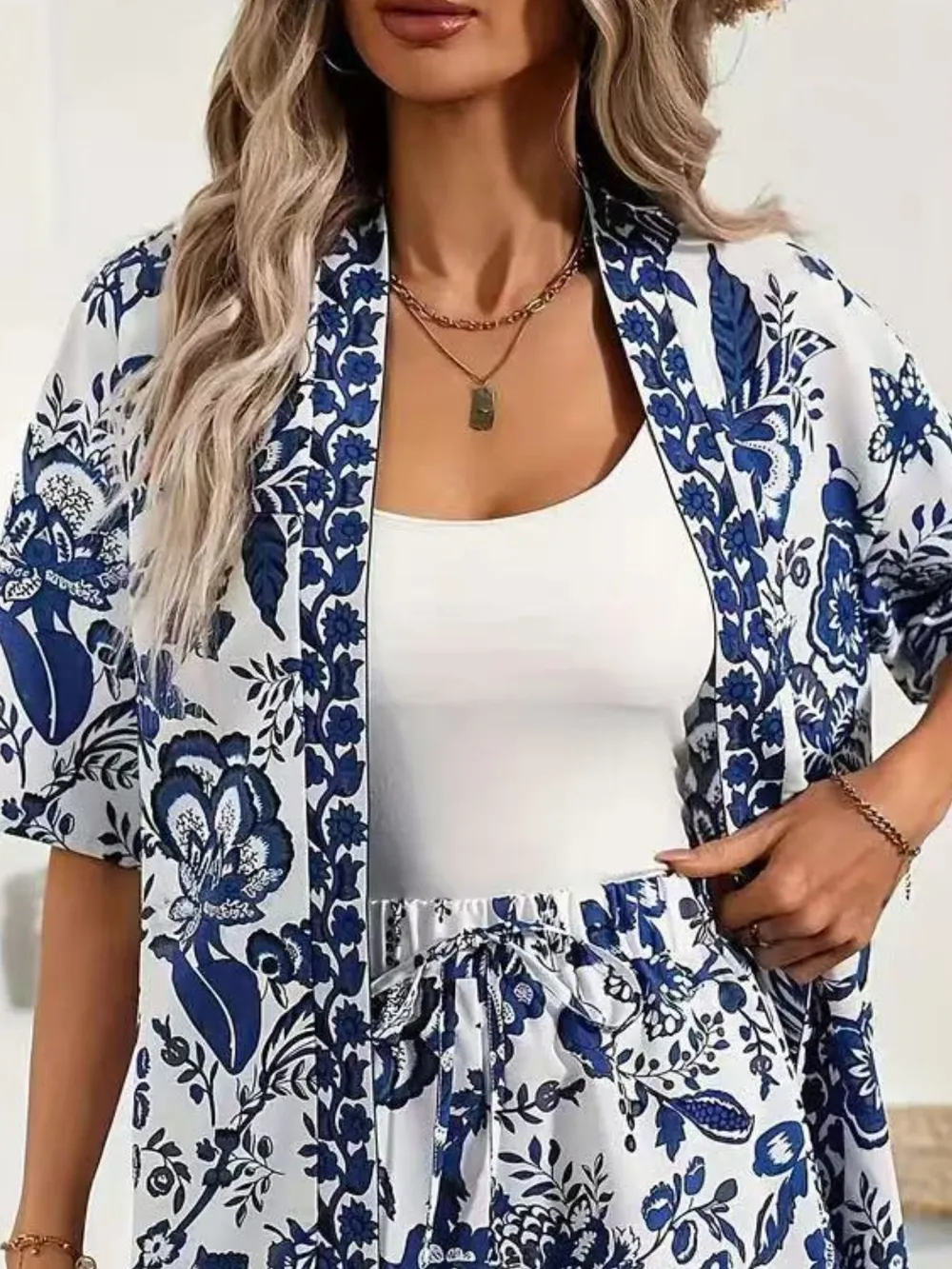Printed Open Front Cardigan and Shorts Set, image 2