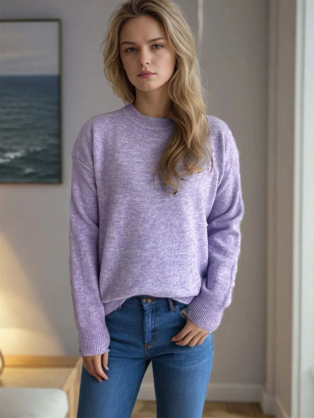 Round Neck Drop Shoulder Long Sleeve Sweater, image 3