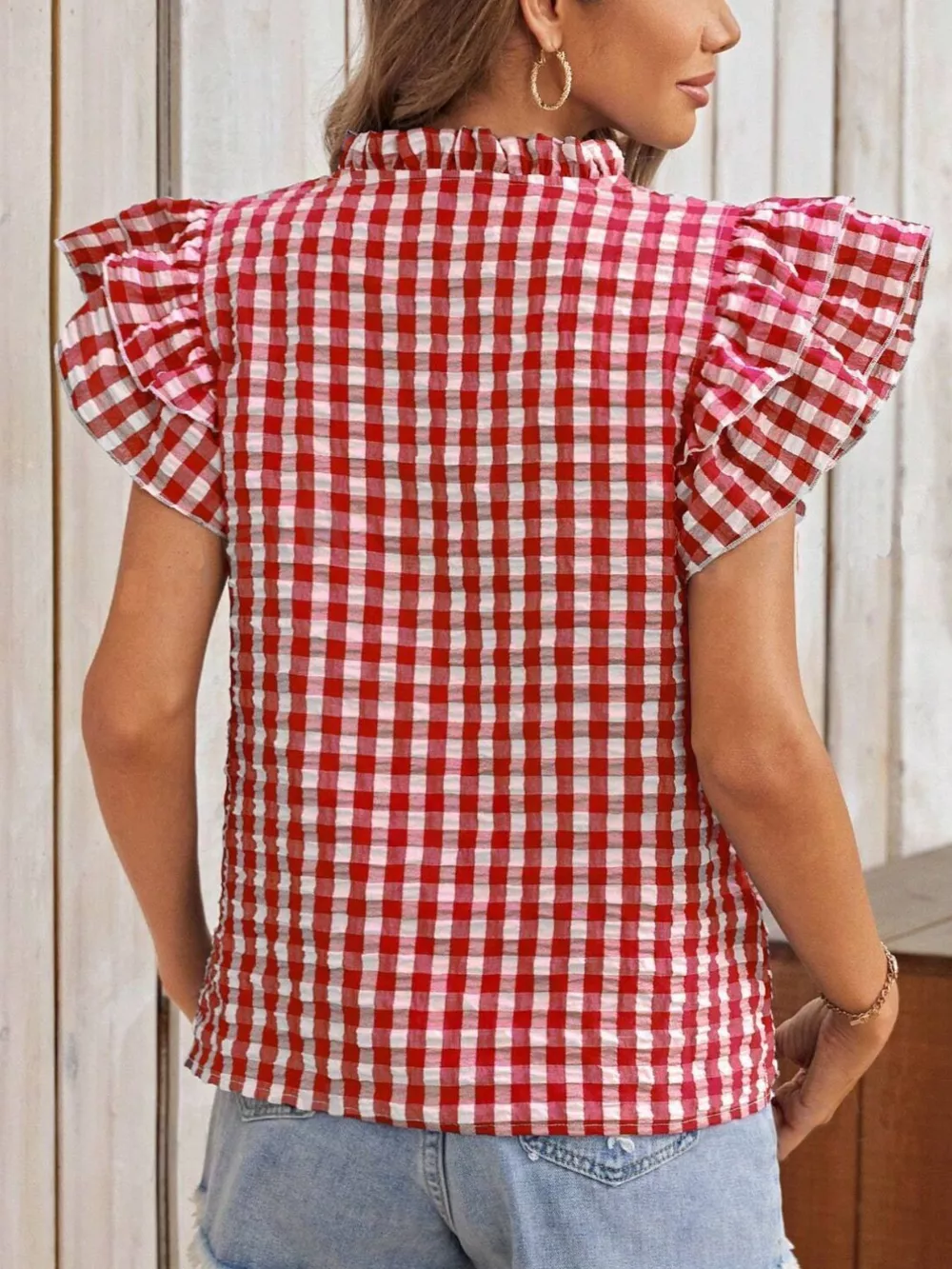 Gingham Ruffle Sleeve Blouse, image 3