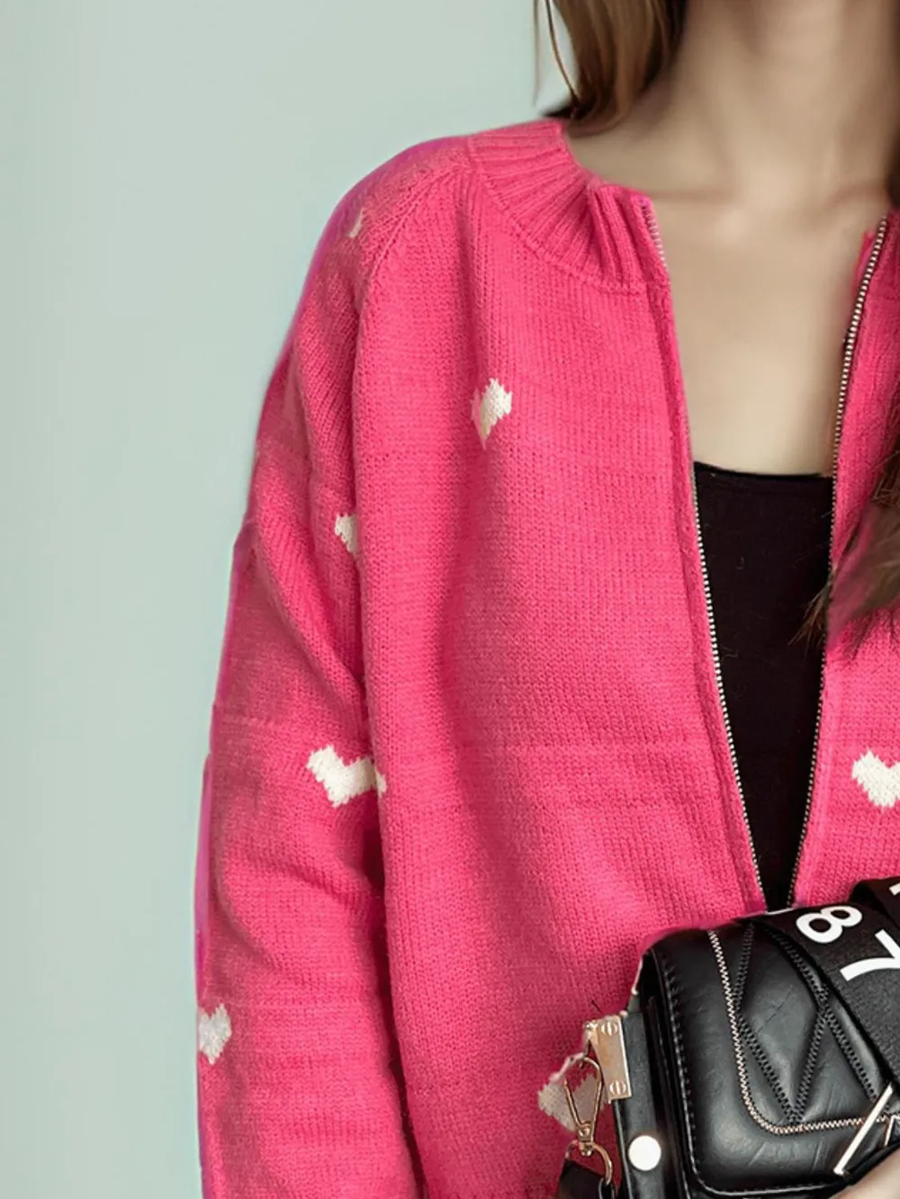 Heart Round Neck Zip Up Cardigan, image 20