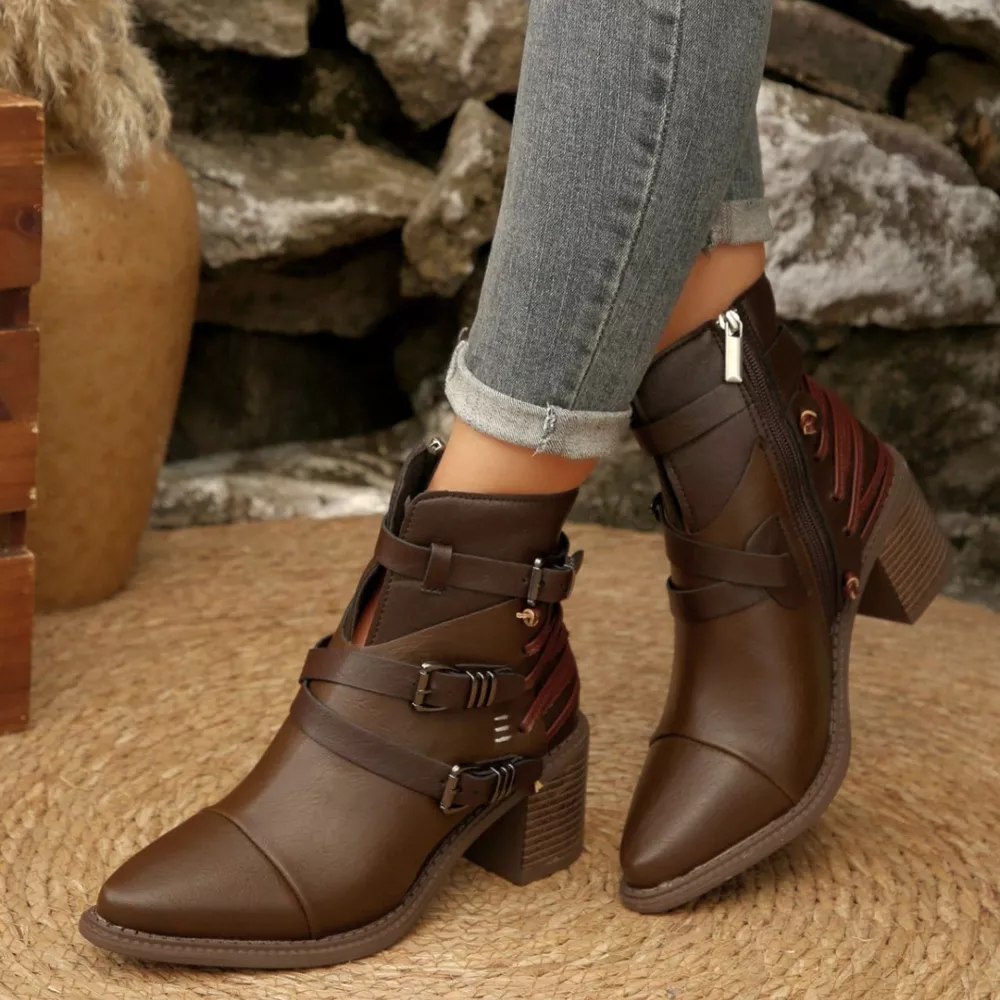 Point Toe Buckle Strap Ankle Boots with Block Heels, image 3