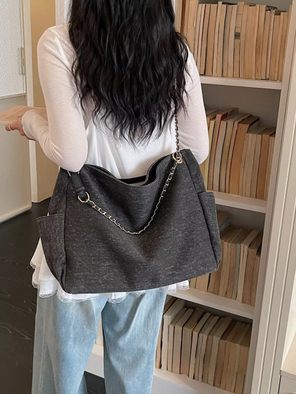 Denim Shoulder Bag with Chain Strap, image 3