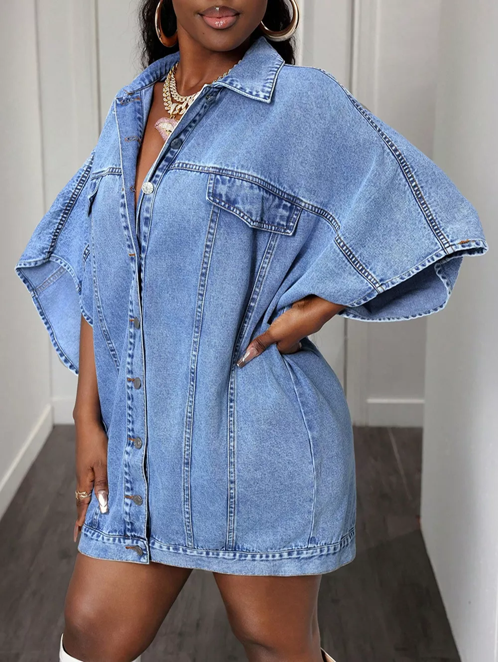 Oversized Batwing Sleeve Denim Top, image 2