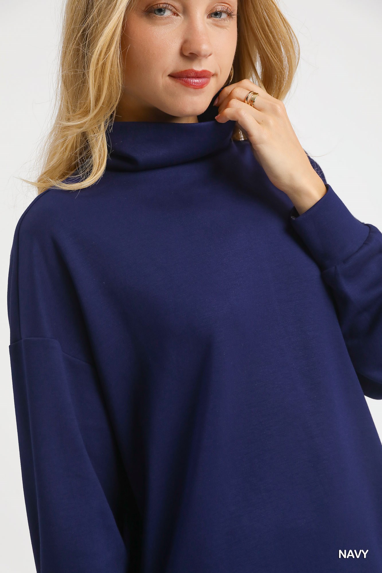 Turtle Neck Dolman Sleeve Side Slit Sweater with Contrast Detail, image 5
