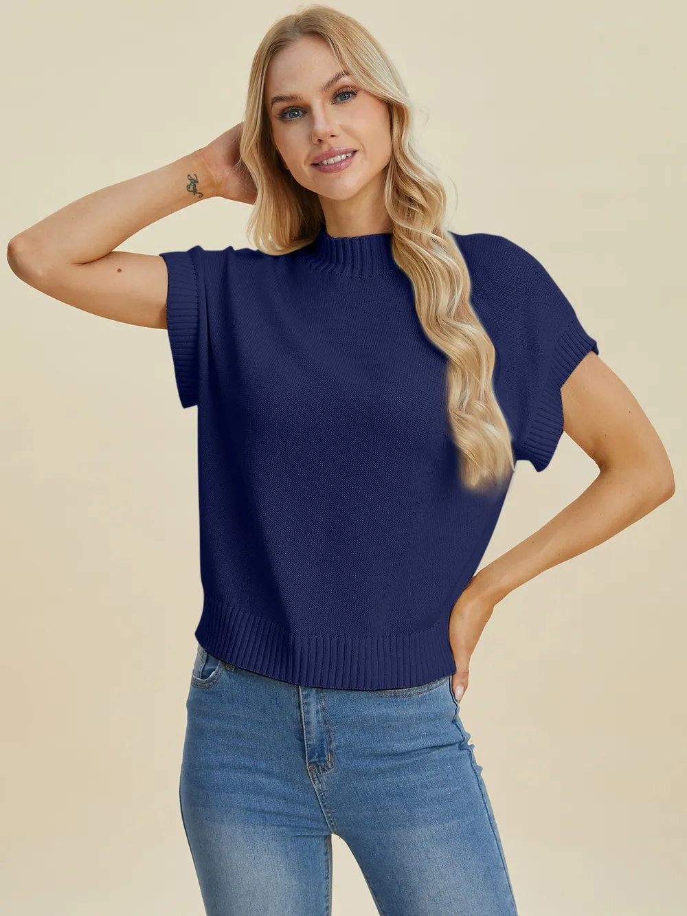 Full Size Mock Neck Short Sleeve Sweater, image 6