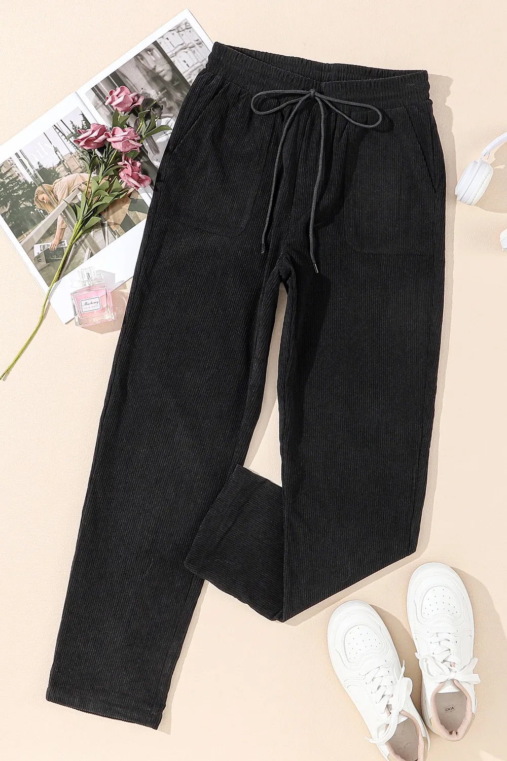 Drawstring Straight Pants with Pockets, image 4