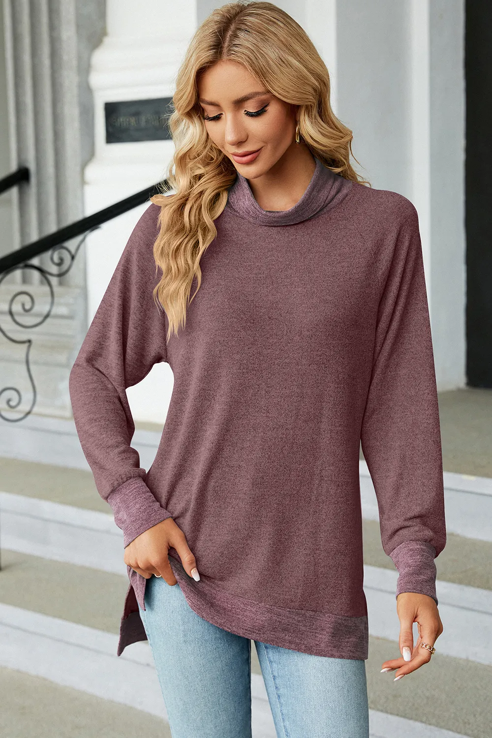 Slit Mock Neck Long Sleeve T-Shirt, image 26