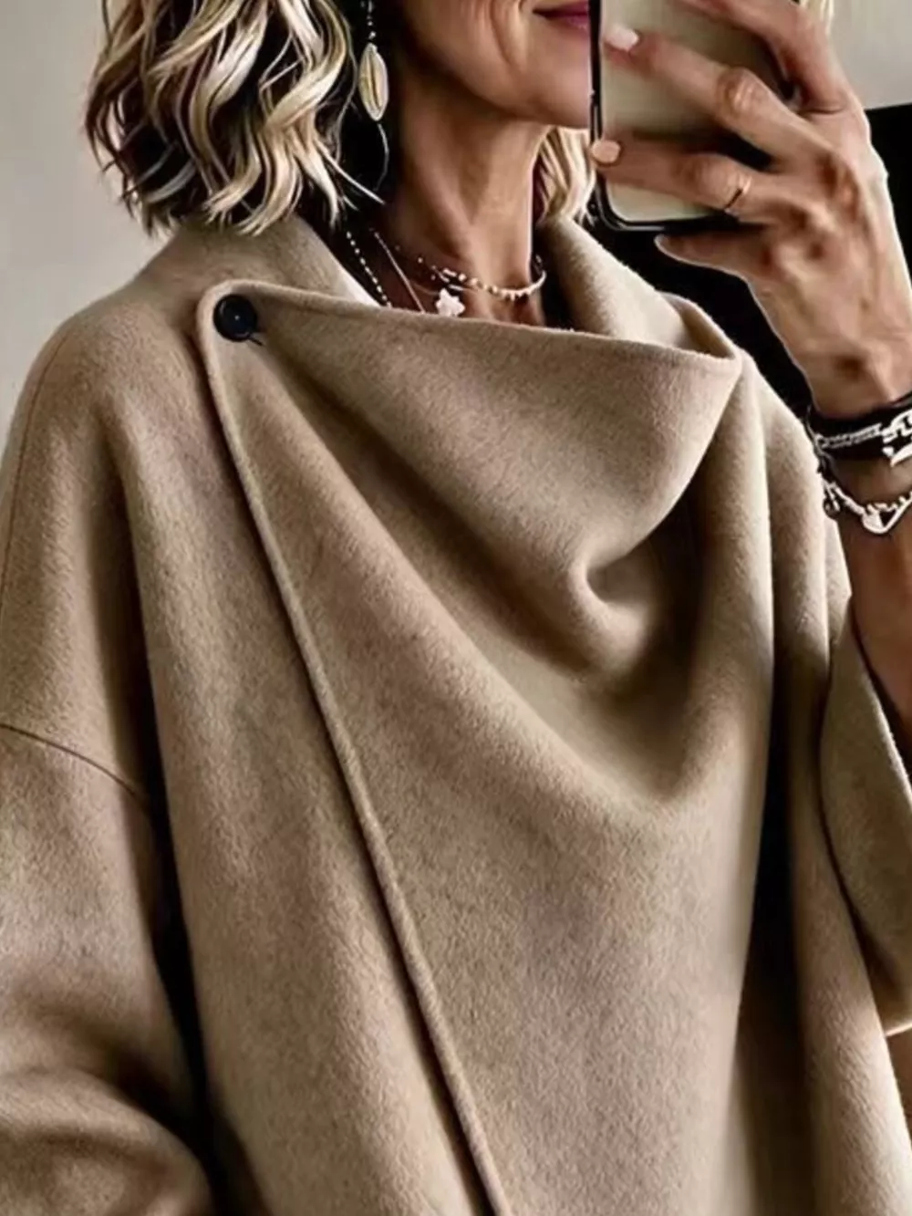 Full Size Asymmetric Button-Up Cape Outerwear Plus Size, image 10