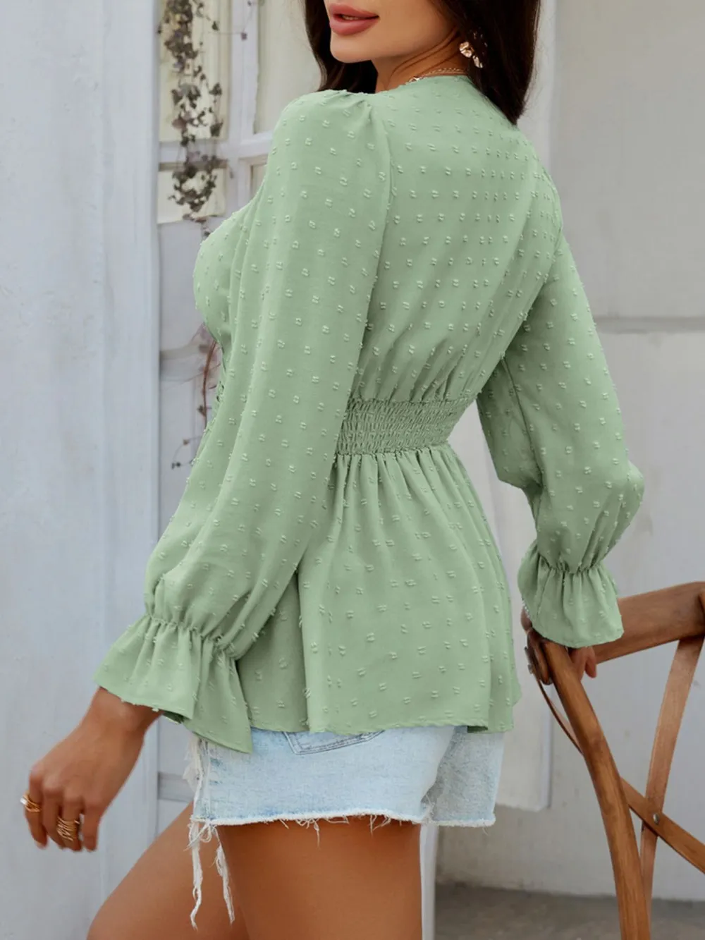 Swiss Dot Lace Detail Surplice Flounce Sleeve Blouse, image 25
