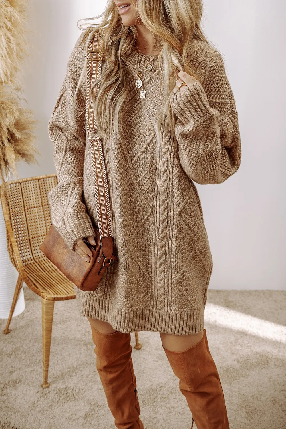 Cable-Knit Round Neck Sweater Dress, image 3