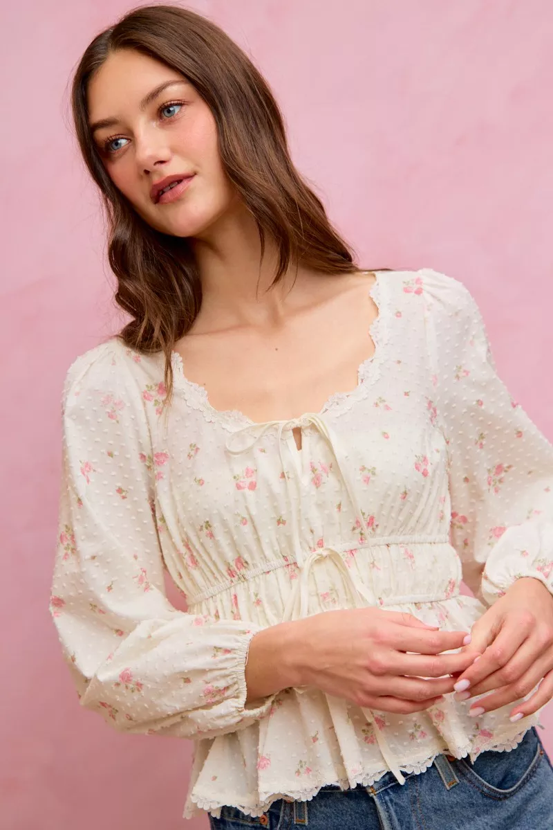 Floral Clip Dot Lace Trim Ruched Bodice Blouse, image 14