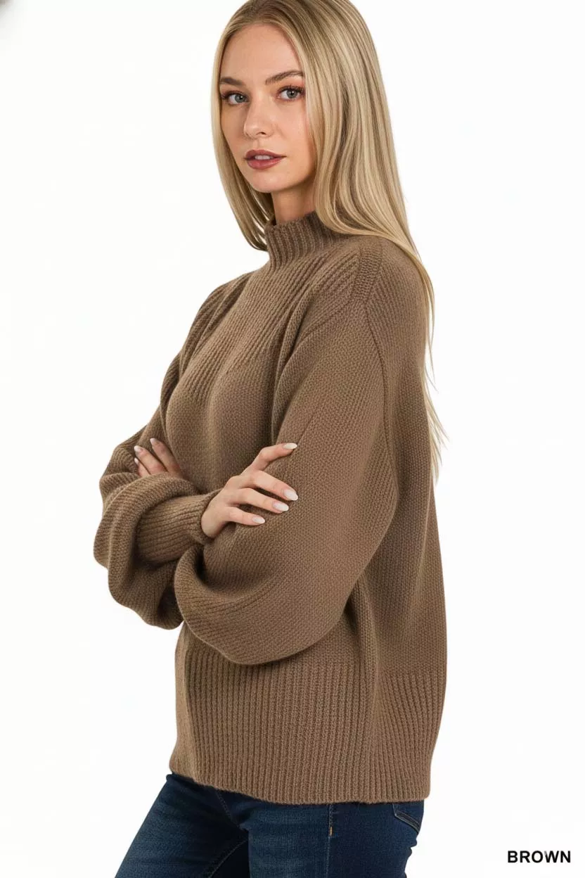 Balloon Sleeve Mock Neck Sweater, image 2