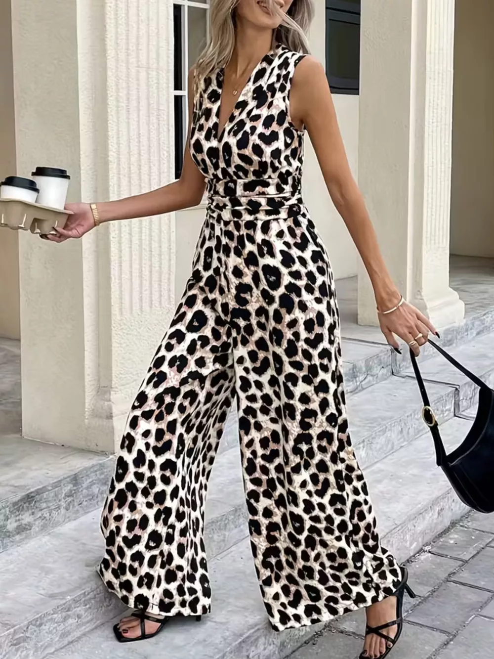 Sleeveless V-Neck Leopard Print Wide Leg Jumpsuit, image 3