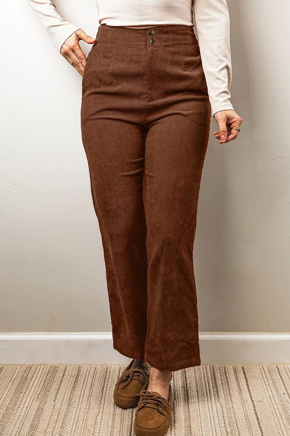 Elastic Waist Straight Leg Ankle Length Corduroy Pants, image 4