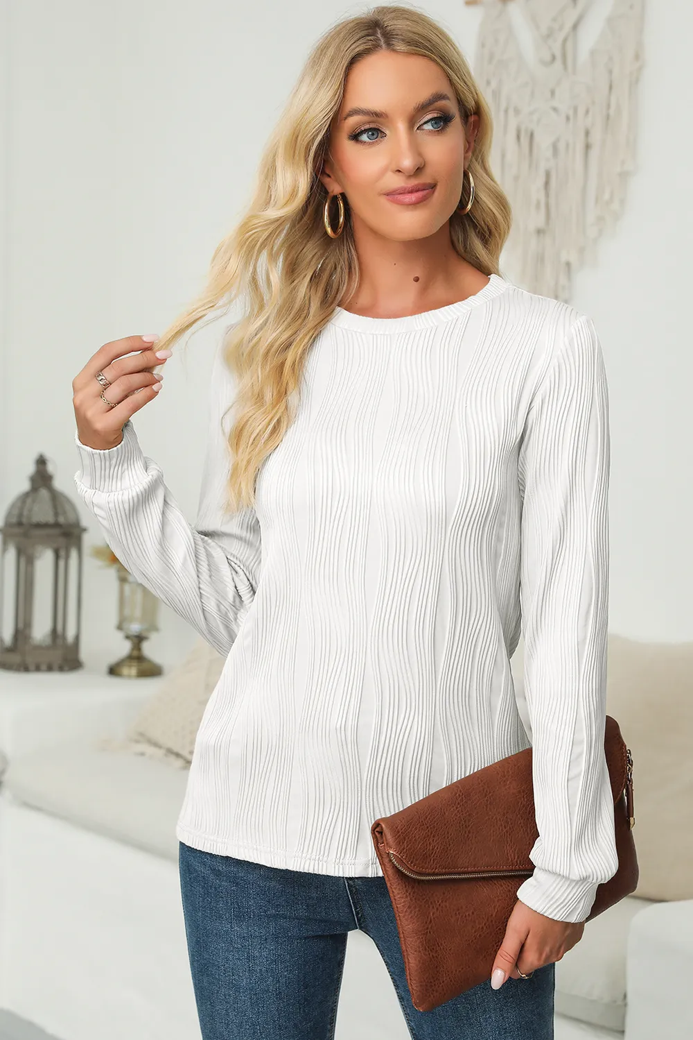 Textured Round Neck Long Sleeve Blouse, image 5