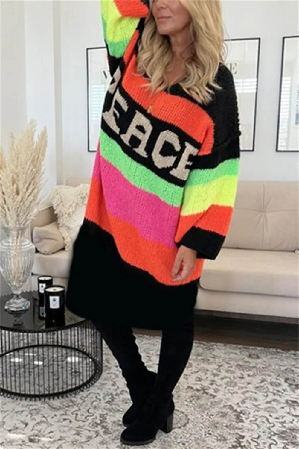 Color Block V-Neck Long Sleeve Sweater Dress, image 3