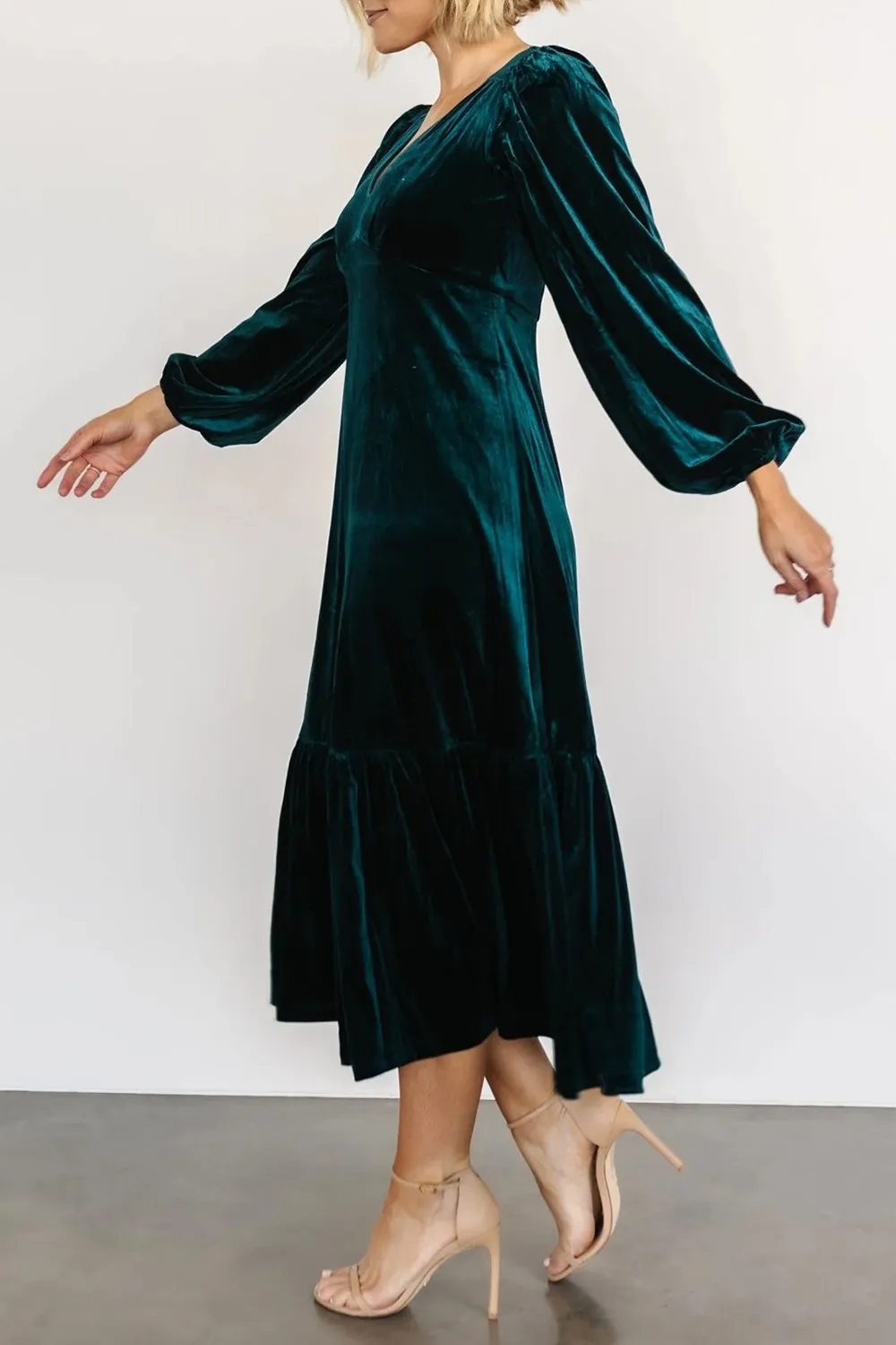V-Neck Long Sleeve Midi Velvet Dress, image 15