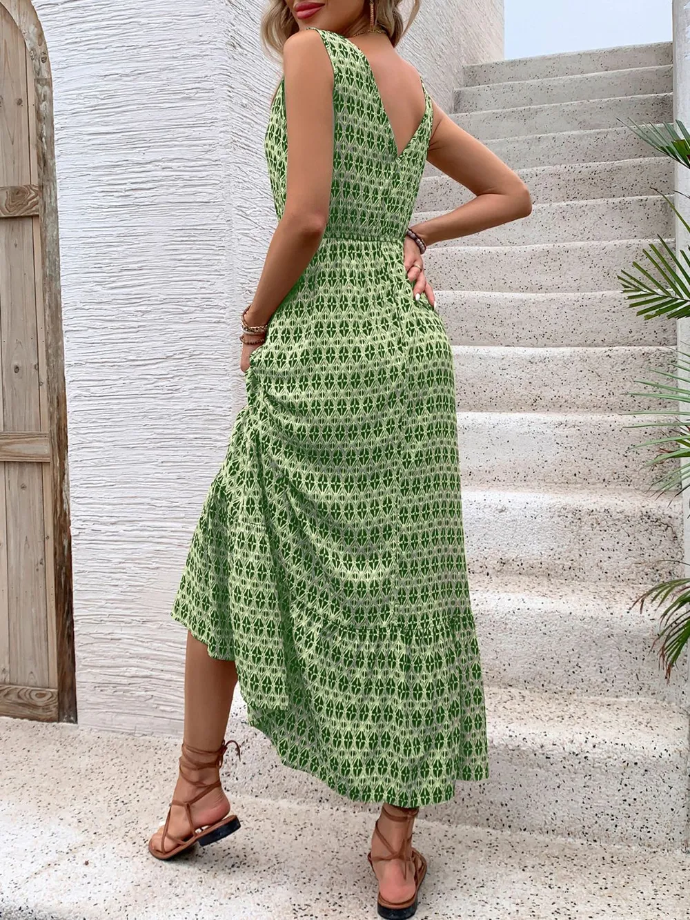 Printed V-Neck Tie Waist Midi Dress, image 3